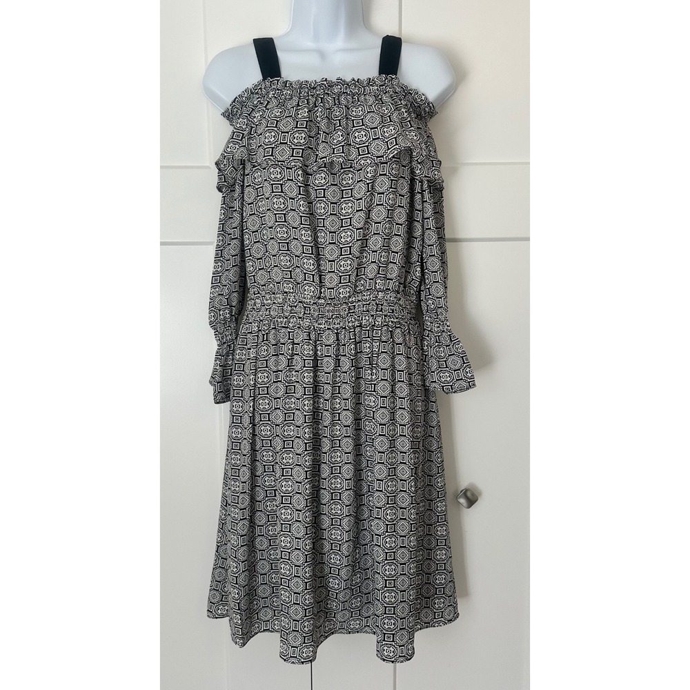 Libby Edelman Womens Black White Geometric Cold Shoulder Smocked Dress Small